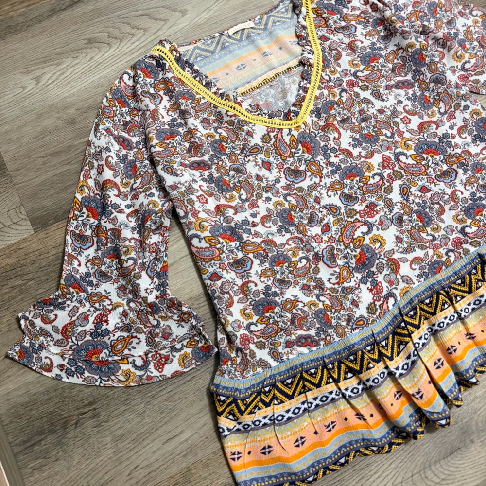 Paisley Ruffle-Hem Blouse with Yellow Trim